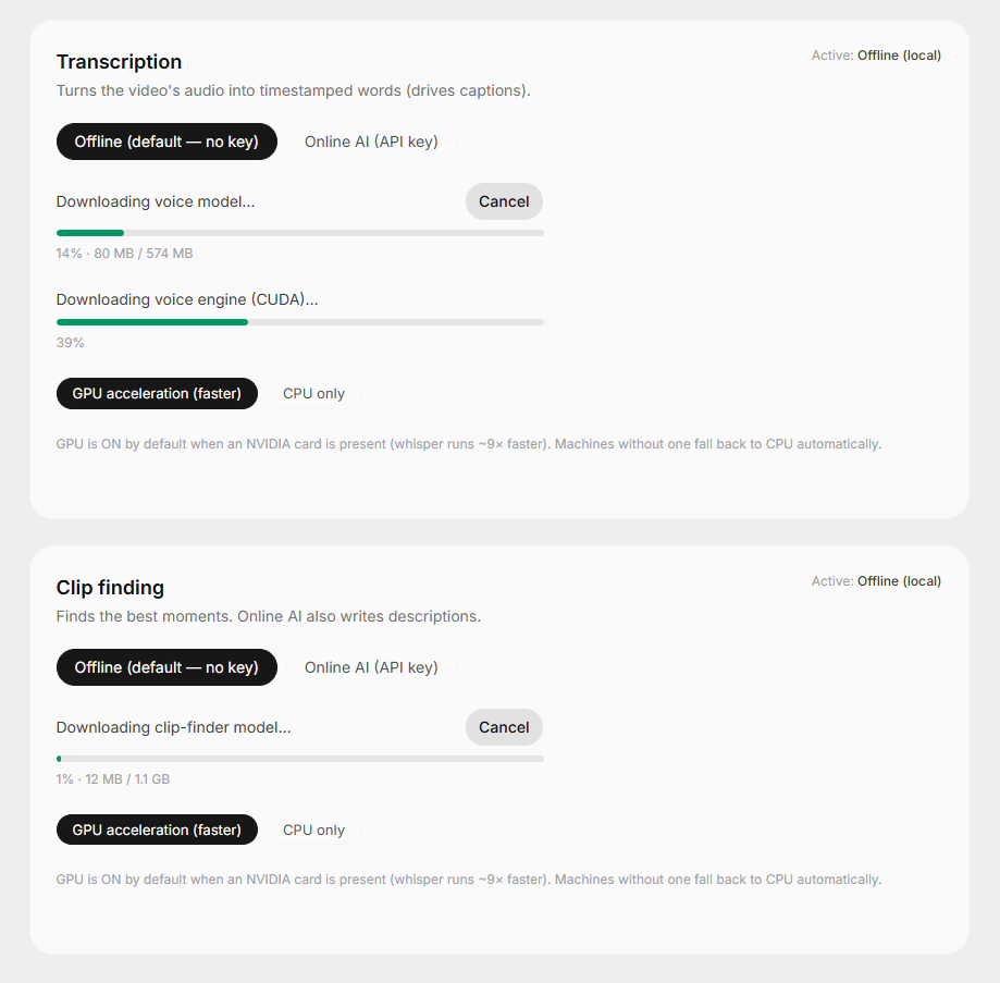 VClip downloading voice model, CUDA engine and clip-finder model with progress bars